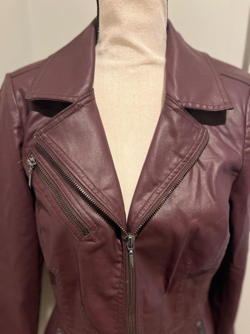 White House Black Market Burgundy Faux Leather Moto Jacket